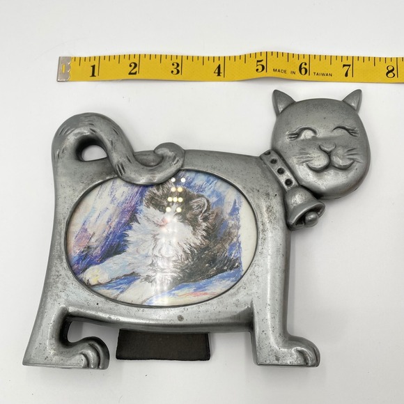 Vintage‎ Pewter Cat Photo Frame Tabletop Display with Bell and Kitten Picture - Picture 7 of 10